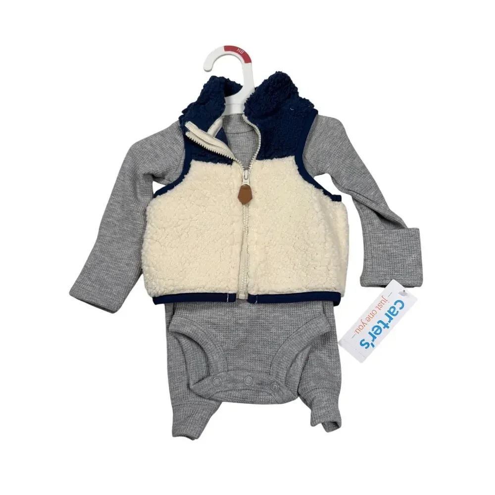 Carters 3 Piece Outfit Boys Newborn Long Sleeve Bodysuit Pants Vest Gray Blue